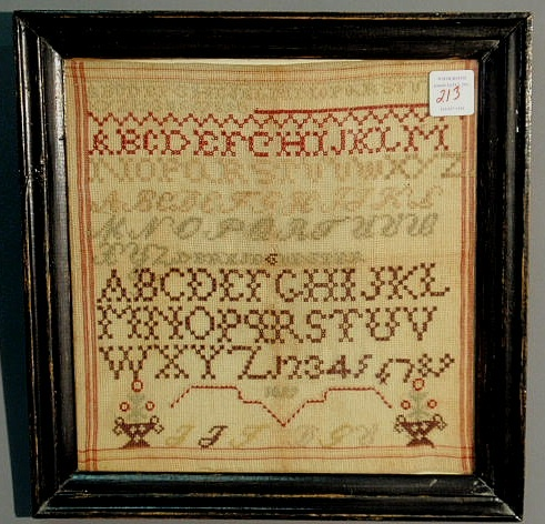 Sampler dated 1857 silk on linen 15 x14