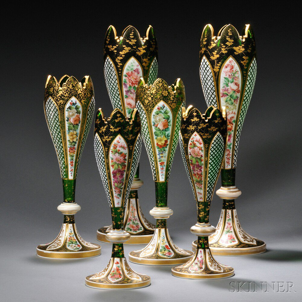 Three Pairs of Bohemian Overlay Glass Tulip form Vases 19th