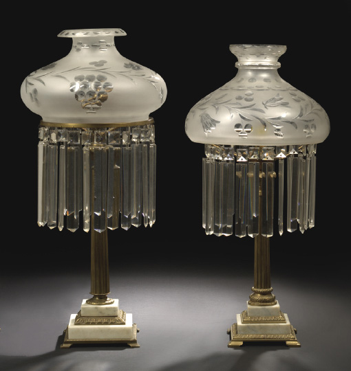Prism Hung Gilt Lacquered Brass and Marble Sinumbra Style Lamp