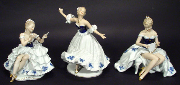Set of three early Goebels porcelain figurines in flowing dresses