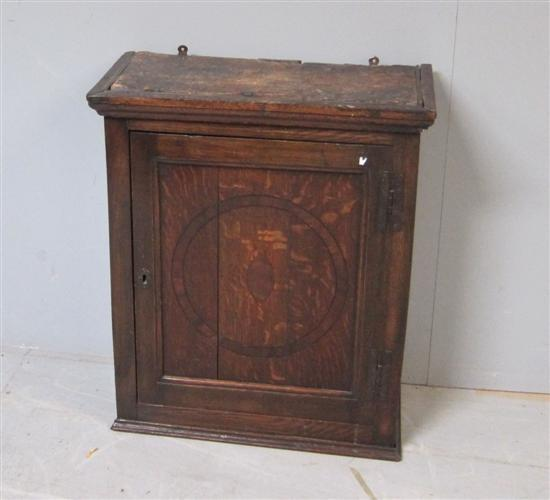 19th century oak wall hanging cabinet with inlaid door h