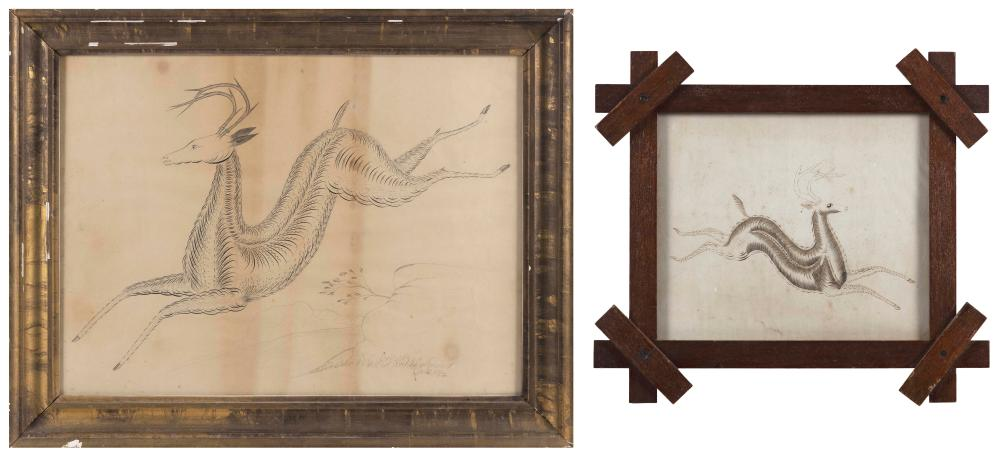 TWO PEN AND INK DRAWINGS OF RUNNING DEER 19TH CENTURY