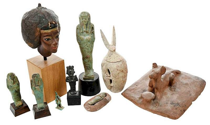 Nine Egyptian Funerary Artifacts various ages four items possibly circa