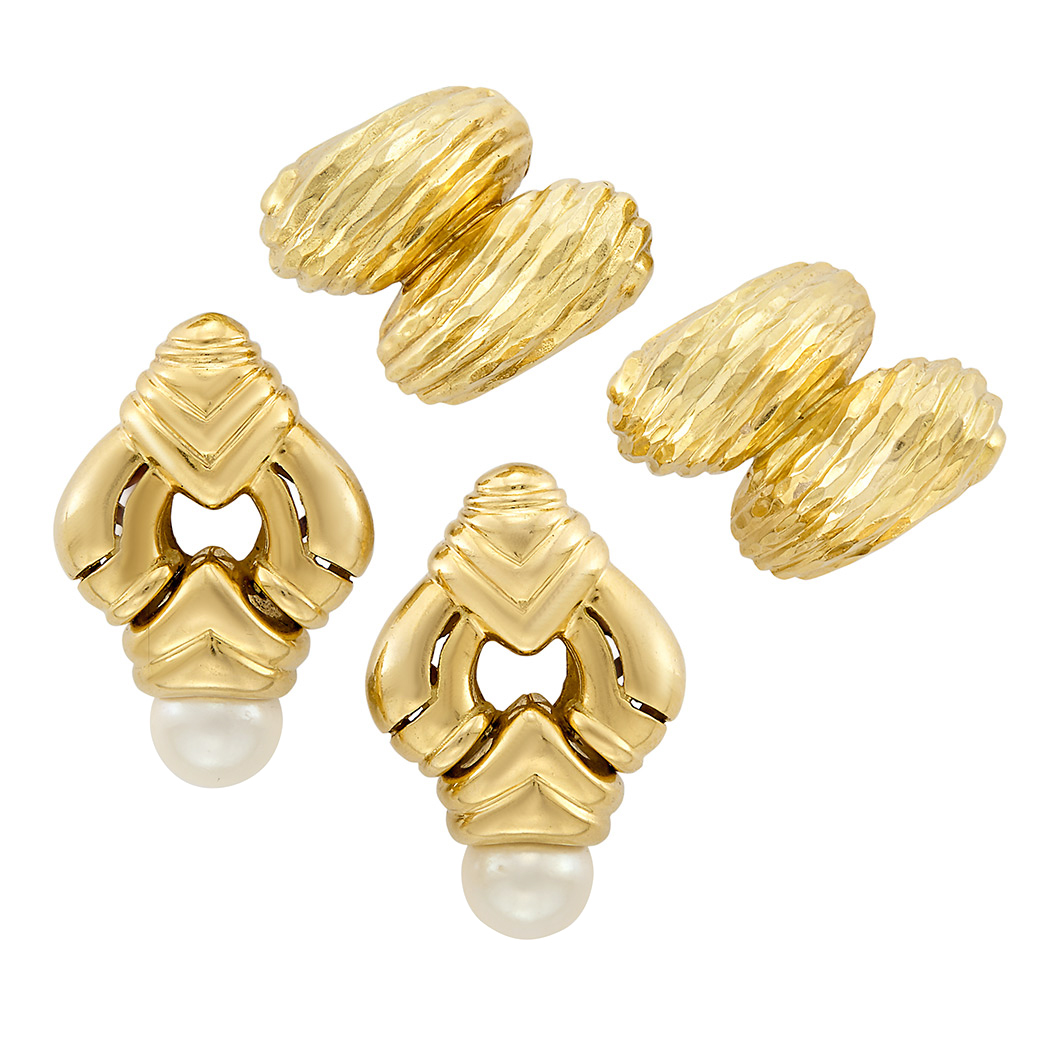 Pair of Gold and Cultured Pearl Earclips and Pair of