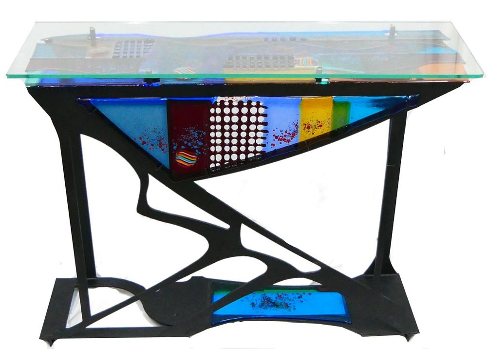 MODERNIST ART GLASS BLACK METAL BASE TABLE Interesting Modernist Art