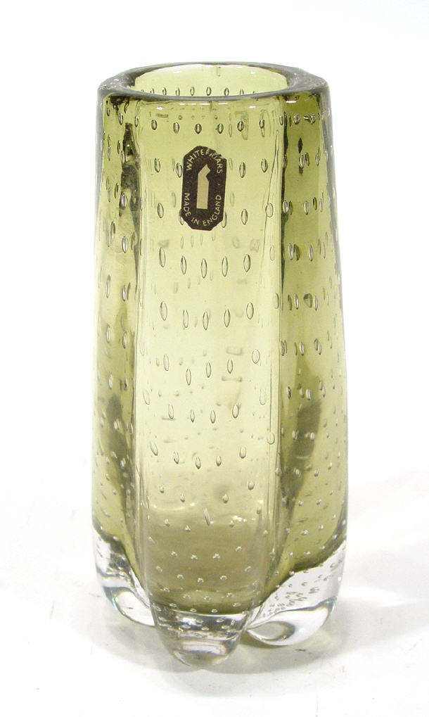 Fluted Whitefriars smoked and bubbled glass vase paper label to