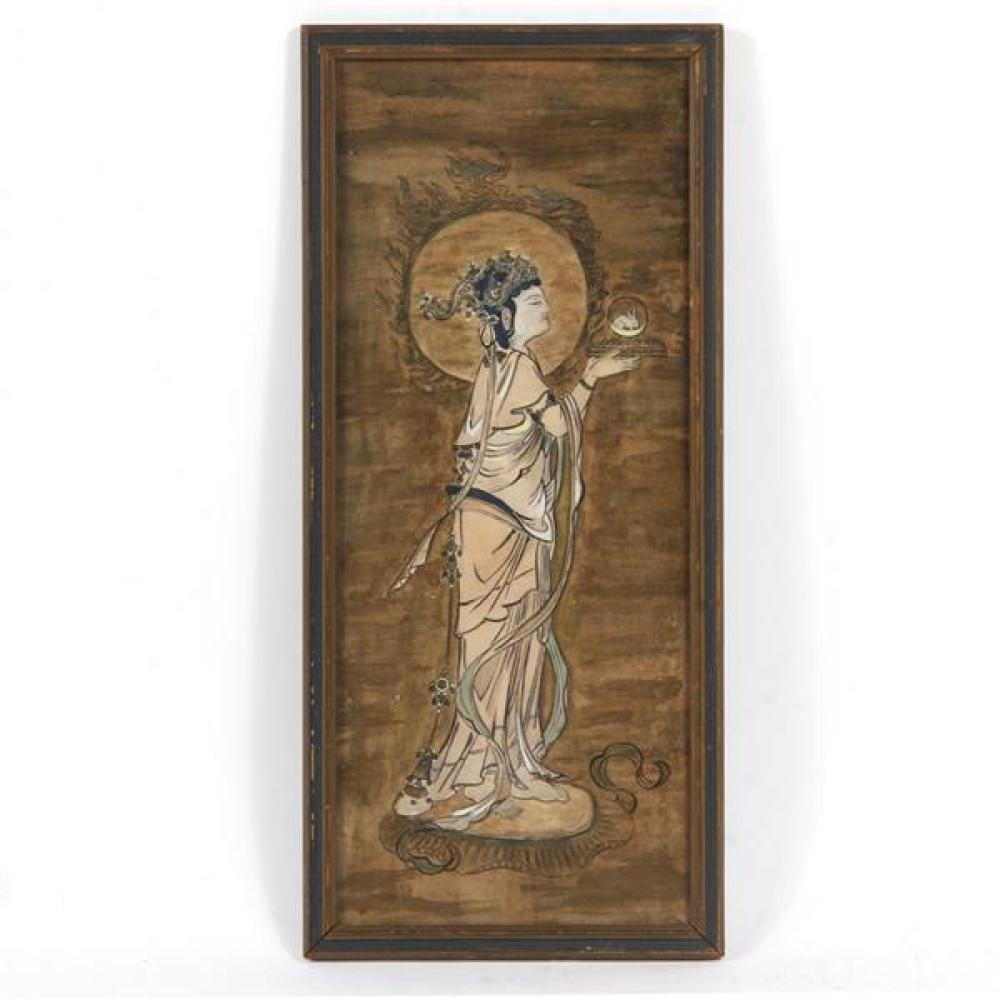 CHINESE BUDDHIST DEITY WITH RABBIT INK AND WATERCOLOR PAINTING GOUACHE