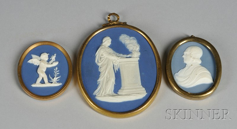 Three Wedgwood and Bentley Blue Jasper Medallions England c 1775