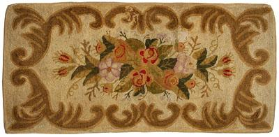 Floral hooked rug central floral bouquet on beige ground wool