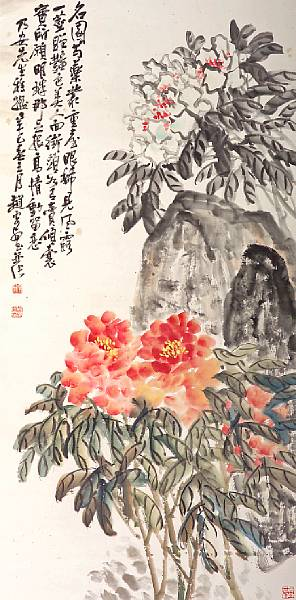 Zhao Yunhuo 1874 1955 Peonies Hanging scroll ink and color