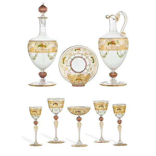 A suite of Venetian gilt and enamel glassware A suite