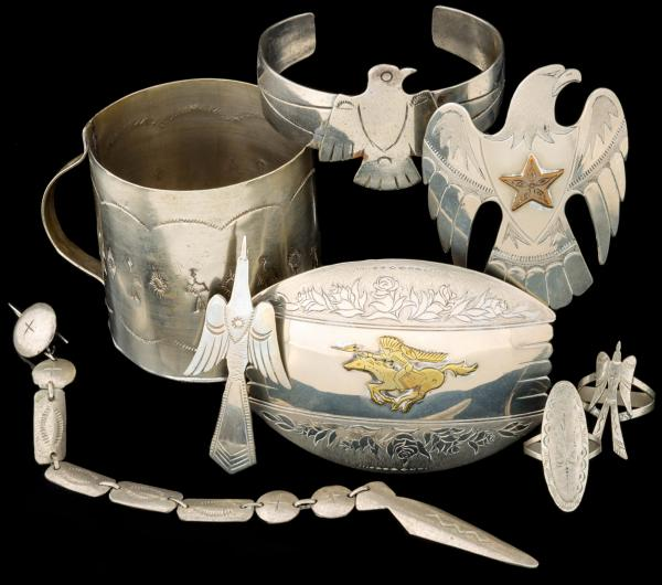 STAMPED NATIVE AMERICAN GERMAN SILVER JEWELRY ETC The collection includes