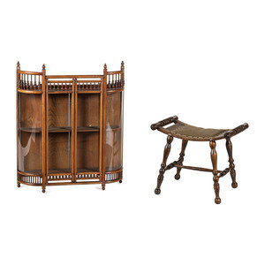 A Stick and Ball Display Cabinet and Stool Early 20th