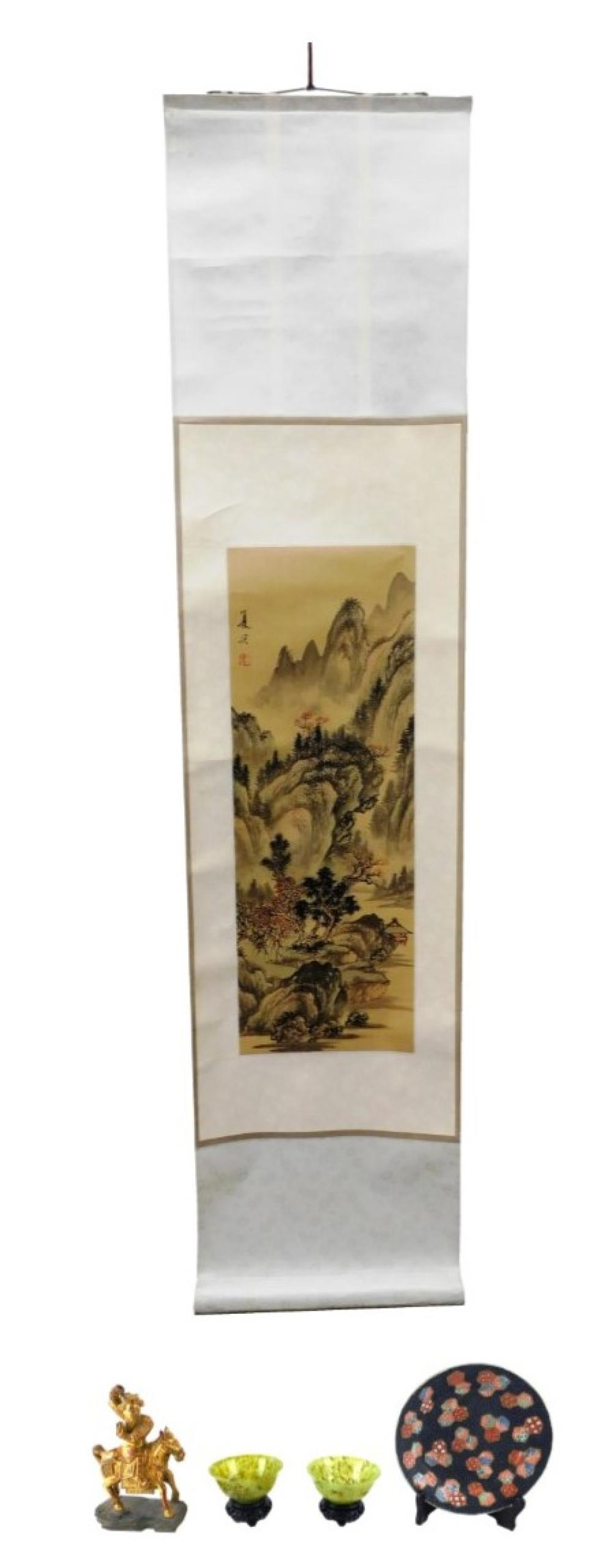 ASIAN Five assorted Asian pieces including hard stone pottery wood