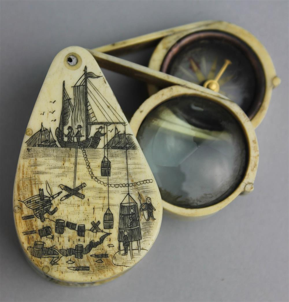 VERY UNUSUAL SCRIMSHAW POCKET COMPASS AND GLASS mid 19th Century