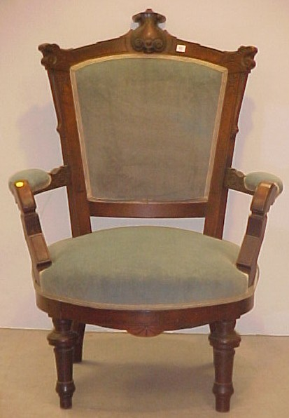 20th C open armchair with pale blue crewelwork upholstery spindle