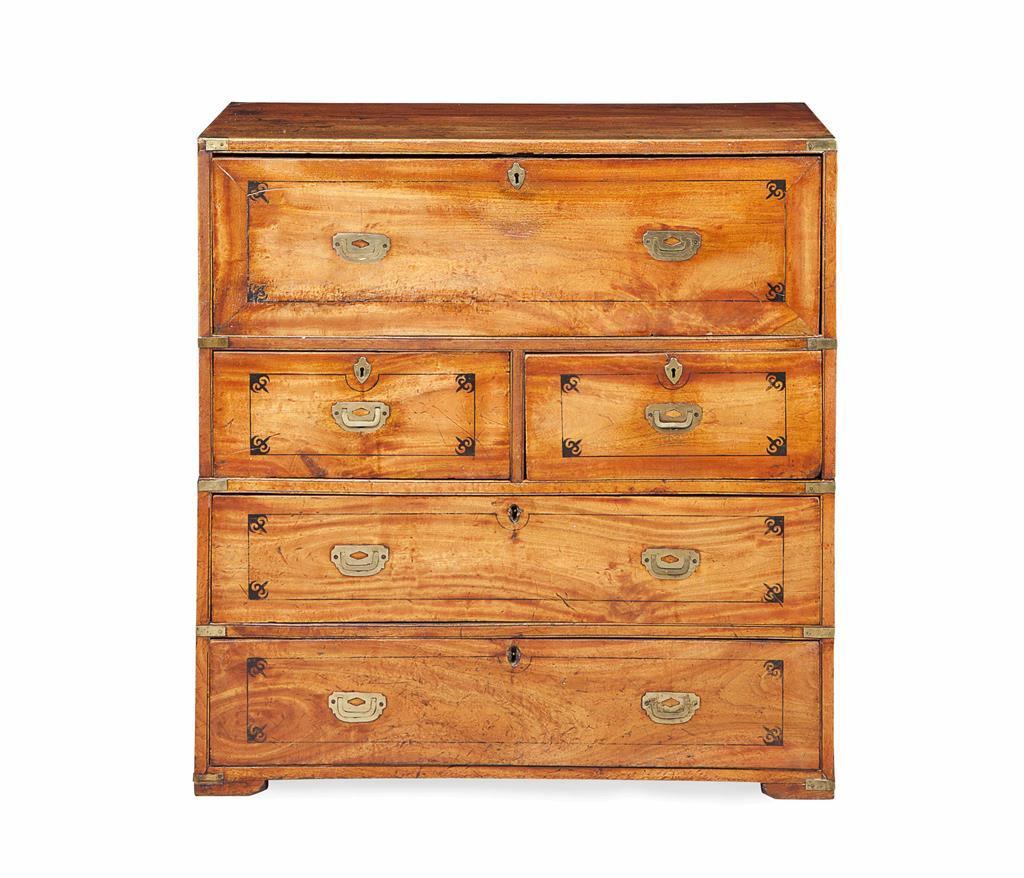 TEAK CAMPAIGN SECRETAIRE CHEST EARLY 19TH CENTURY in two parts