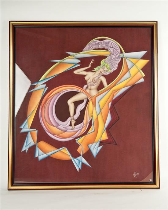 Gustave Kaitz Decograph of Nude with Geometric Design Signed lower