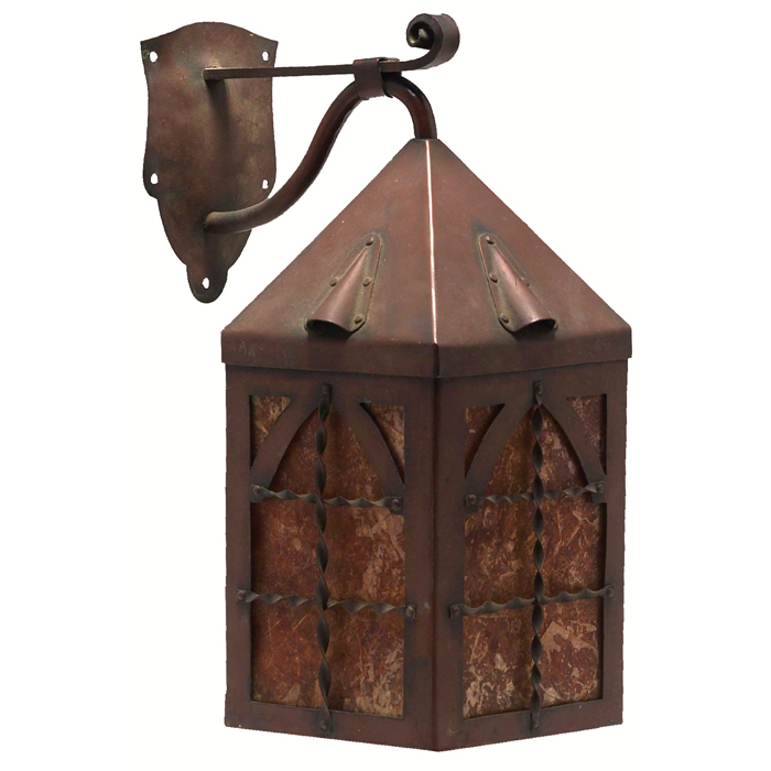 Arts and Crafts lantern square shape in hammered copper with