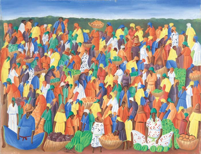 JACQUES EDZER PIERRE Haitian 20th Century HAITIAN MARKET Unframed oil