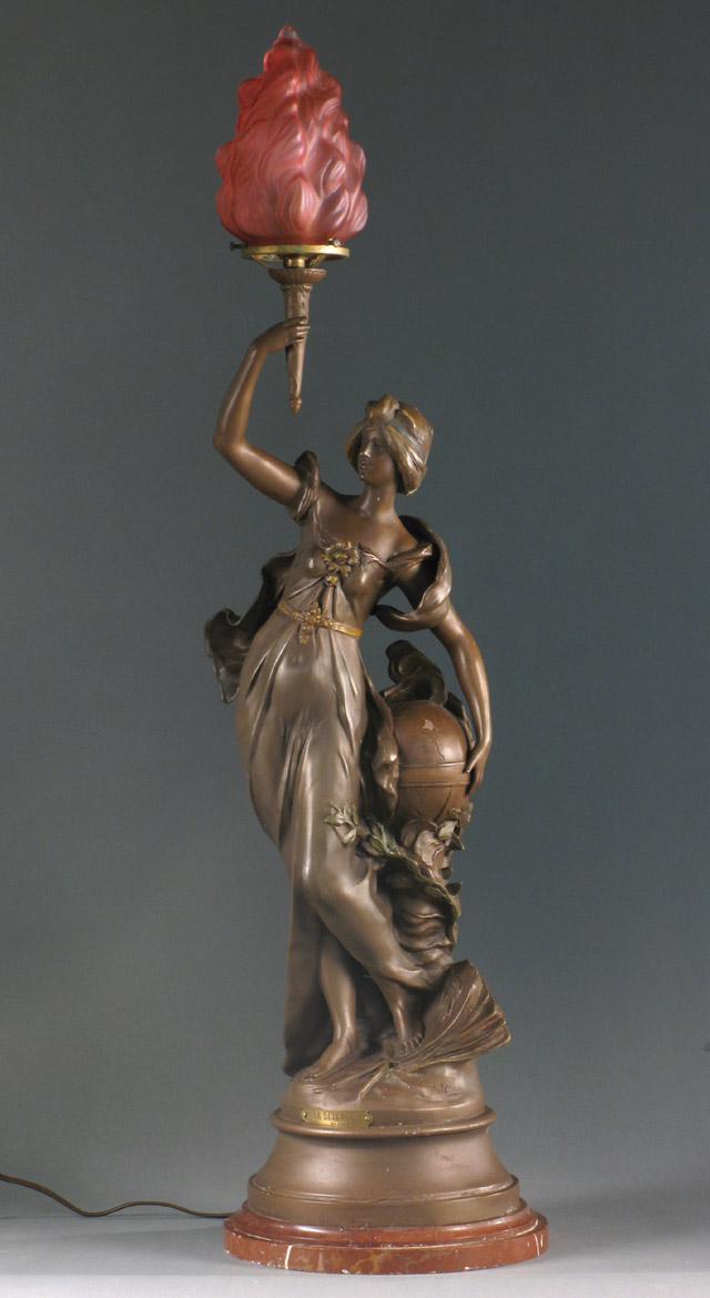 FRENCH SPELTER FIGURAL TABLE LAMP Young barefoot woman holds globe