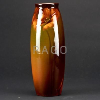 FRANK FERRELL WELLER Tall Louwelsa vase with poppies drilled as