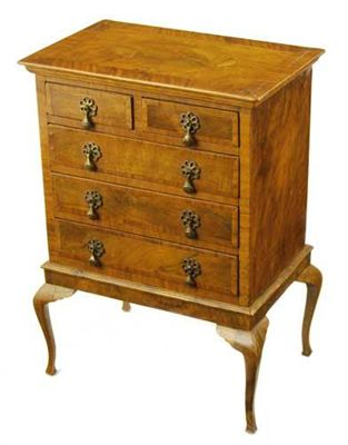 A miniature walnut chest on stand the crossbanded top inset