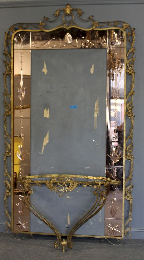 Gilt Metal Art Deco Console And Mirror The console has