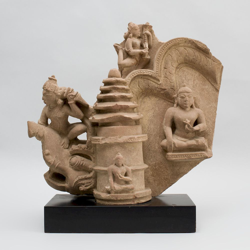 Indian Carved Sandstone Jain Architectural Fragment with Jinas Apsara and