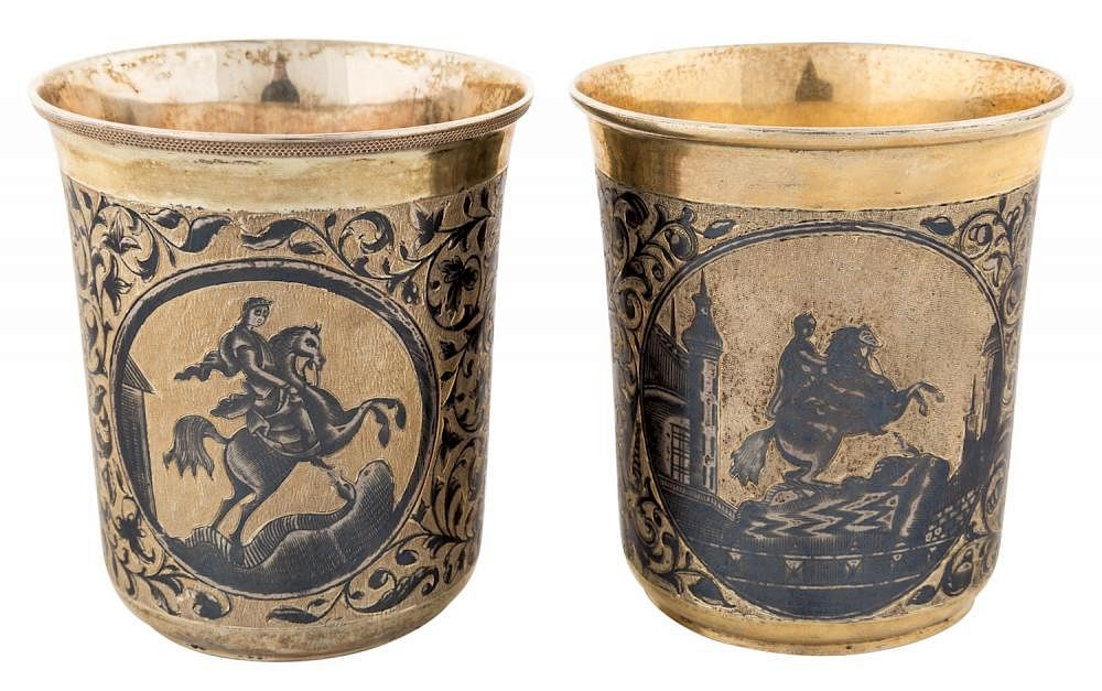 A PAIR OF RUSSIAN SILVER GILT AND NIELLO CUPS MOSCOW
