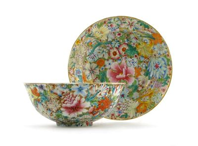 A Chinese mille fleurs decorated soup plate and a similarly