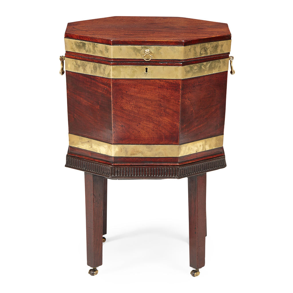GEORGE III MAHOGANY BRASS BANDED OCTAGONAL WINE COOLER 18TH CENTURY