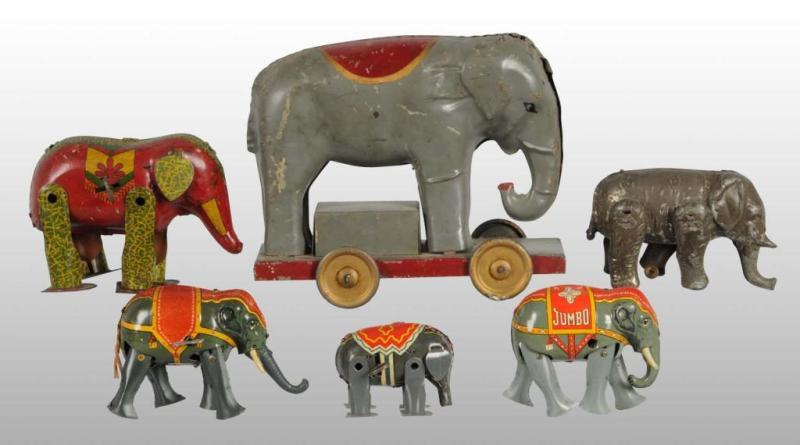 Lot of 6 Tin Elephant Wind Up Friction Toys Description