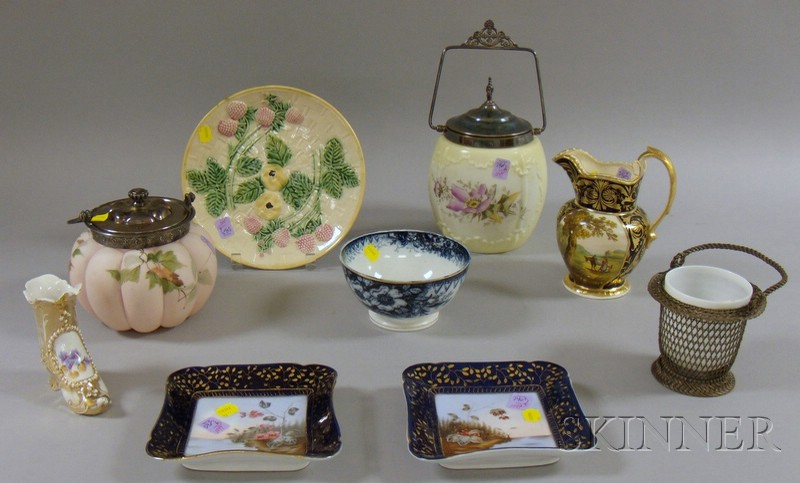 Two Late Victorian Art Glass Biscuit Jars and Seven Decorated