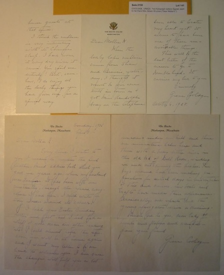 COOLIDGE GRACE Two Autograph Letters Signed each to her friend