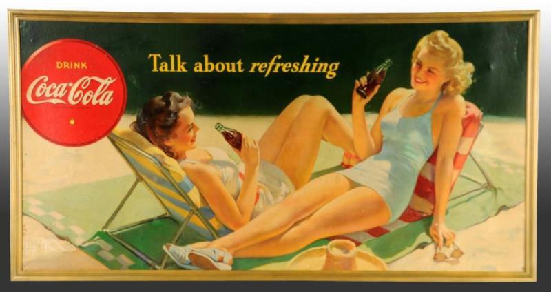 Cardboard Coca Cola Poster feat Girls on Beach Description 1943
