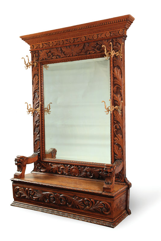 FINE CARVED HALL SEAT American late 19th century oak Monumental