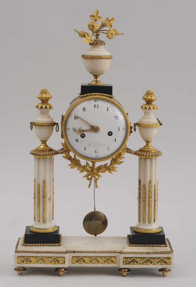 LOUIS XVI STYLE MARBLE AND GILT BRONZE PILLAR CLOCK The