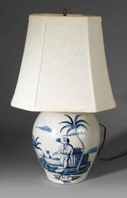 Delft tobacco jar blue decoration depicting a trader smoking a