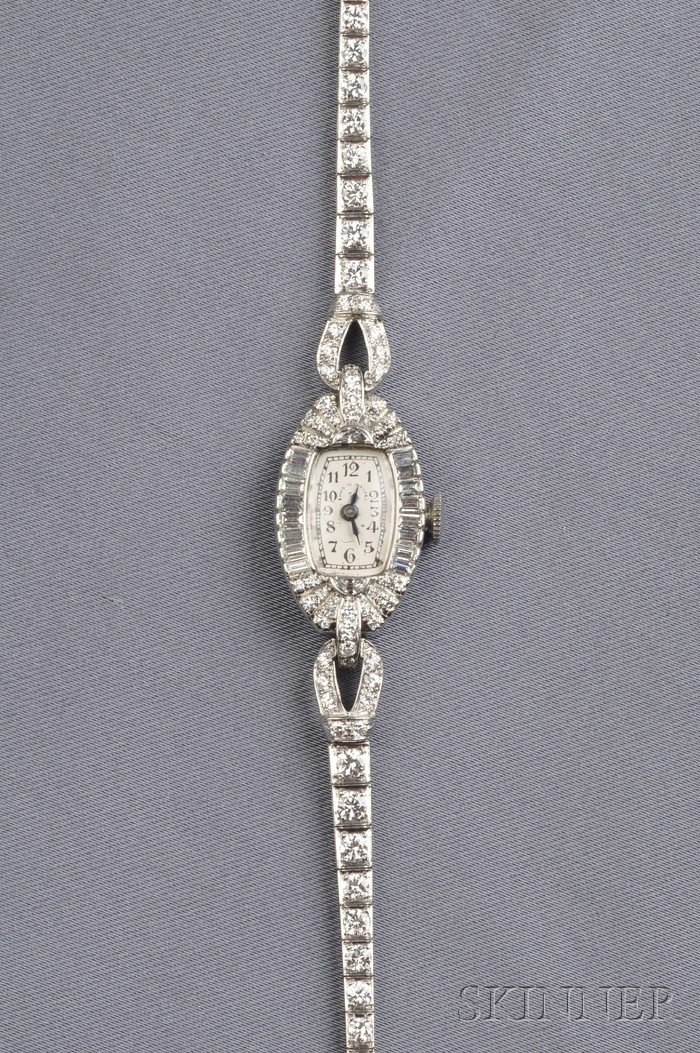 Lady s Platinum and Diamond Wristwatch the white metal dial