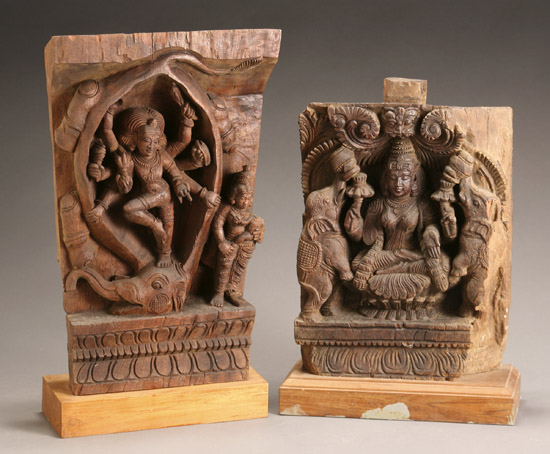 Two Indian Relief Carved Wood Relief Stele Architectural Panels of