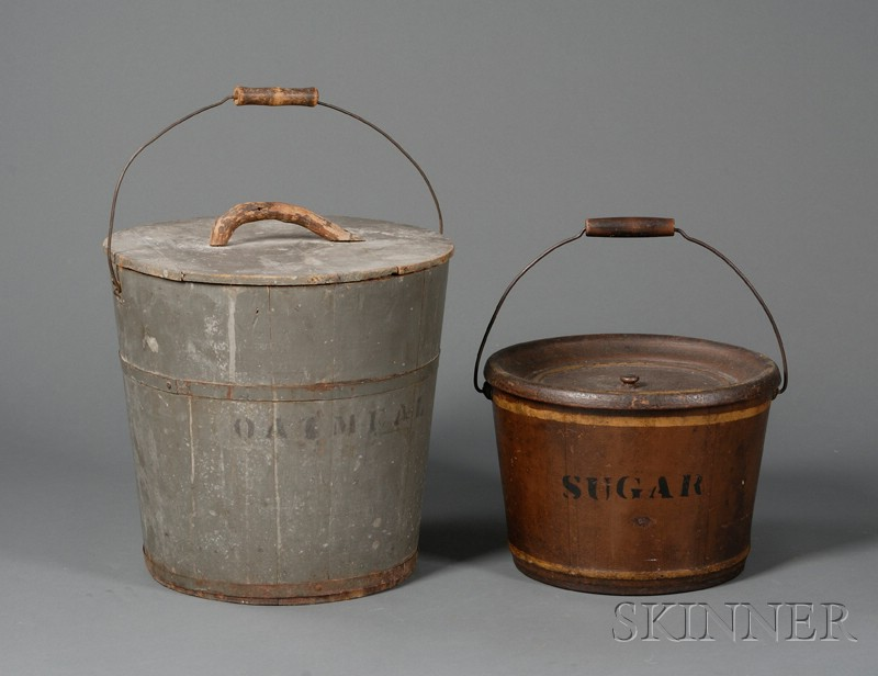 Two Painted Buckets America 19th century a composition bucket with