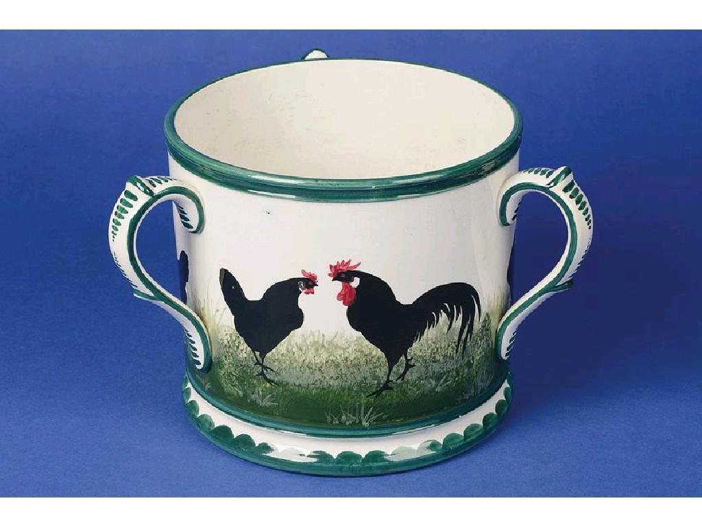 A LARGE WEMYSS TYG painted overall with black cockerels and