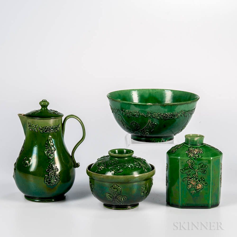 Staffordshire Green glazed Earthenware Partial Tea Set Staffordshire Green glazed