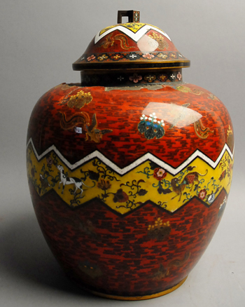 Cloisonne Lidded Ginger Jar Animal and floral motif damaged 11