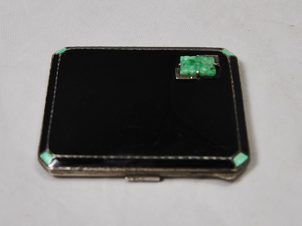 Art Deco silver cigarette case black enamel front with green