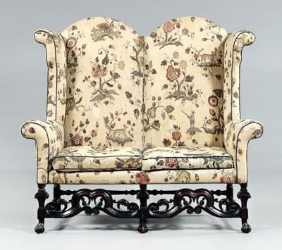 William and Mary upholstered settee high double arch back scrolled