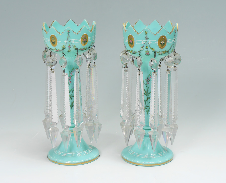 PAIR OPAQUE GREEN GLASS LUSTERS LUSTRES Unusual petite size with