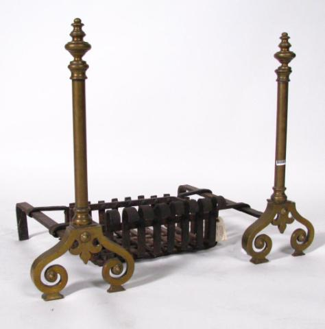Antique three piece brass andiron set with hand forged iron