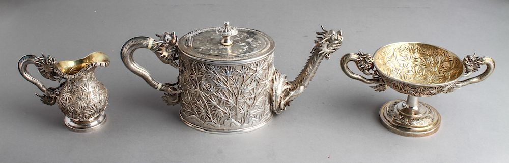Chinese Export Silver Tea Set Teapot Sugar Creamer Chinese export
